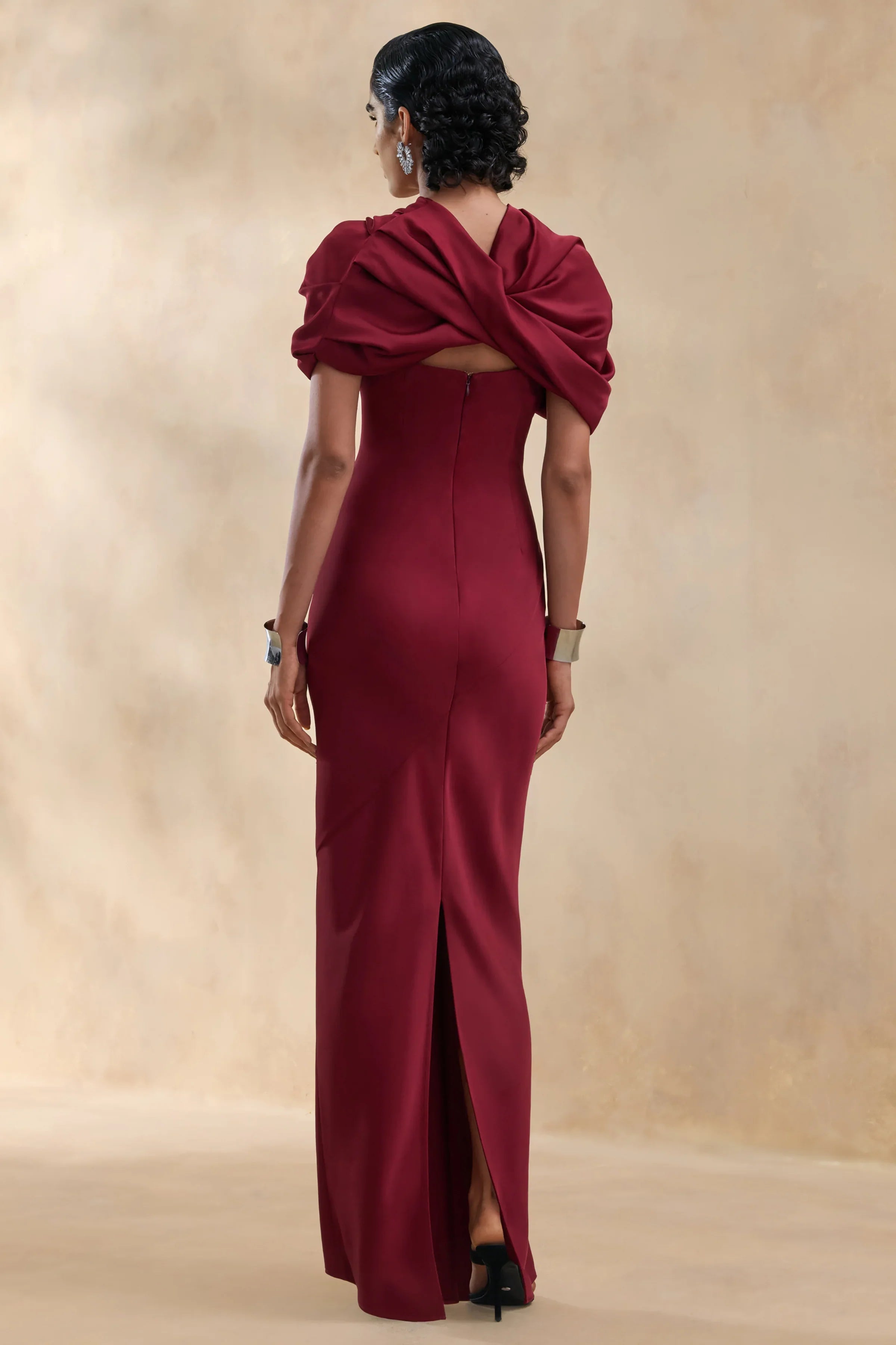 Yoli Burgundy Satin Maxi Dress With Removable Twist Cape