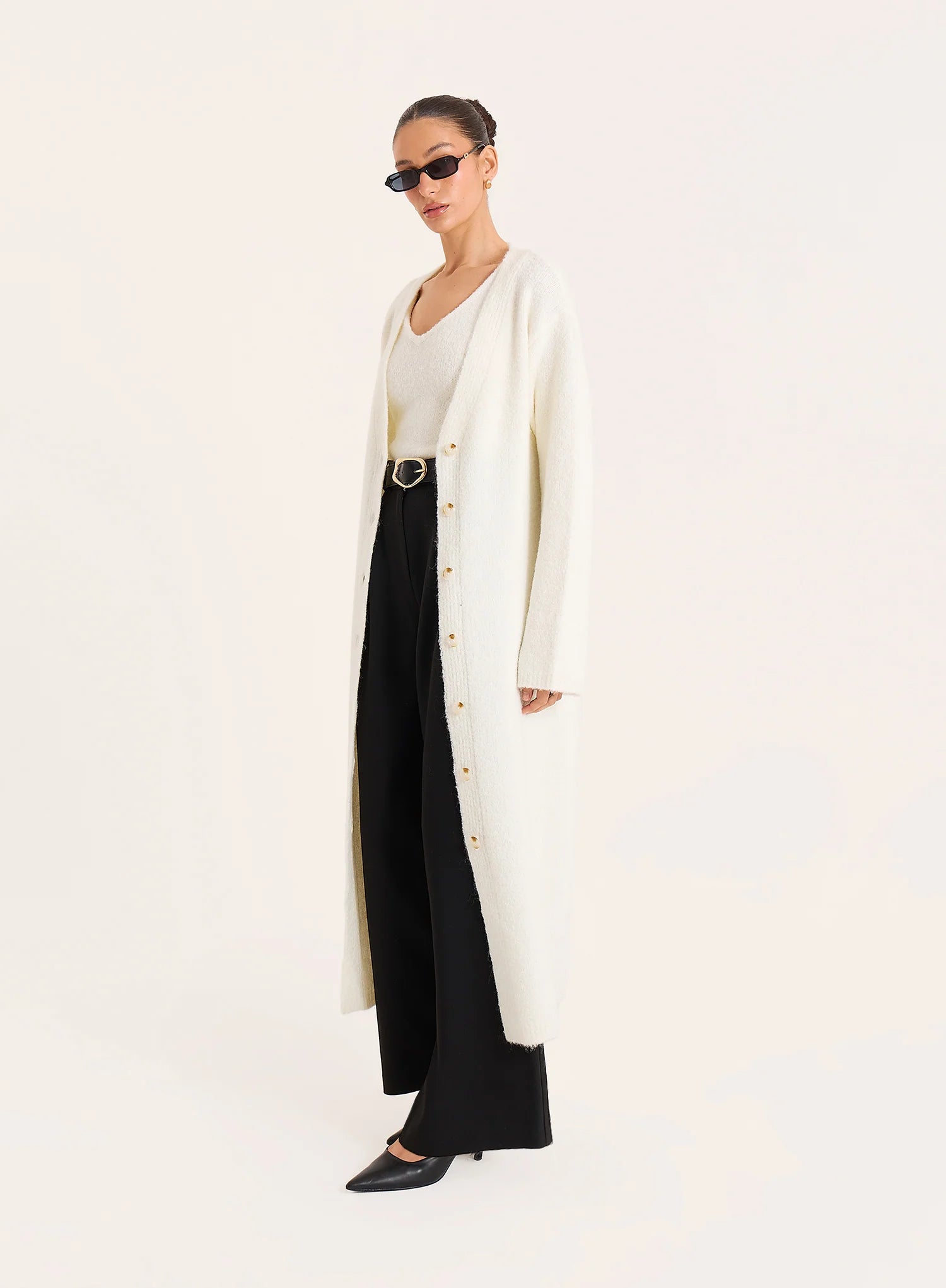 Cream Knitted Button Up Longline Cardigan