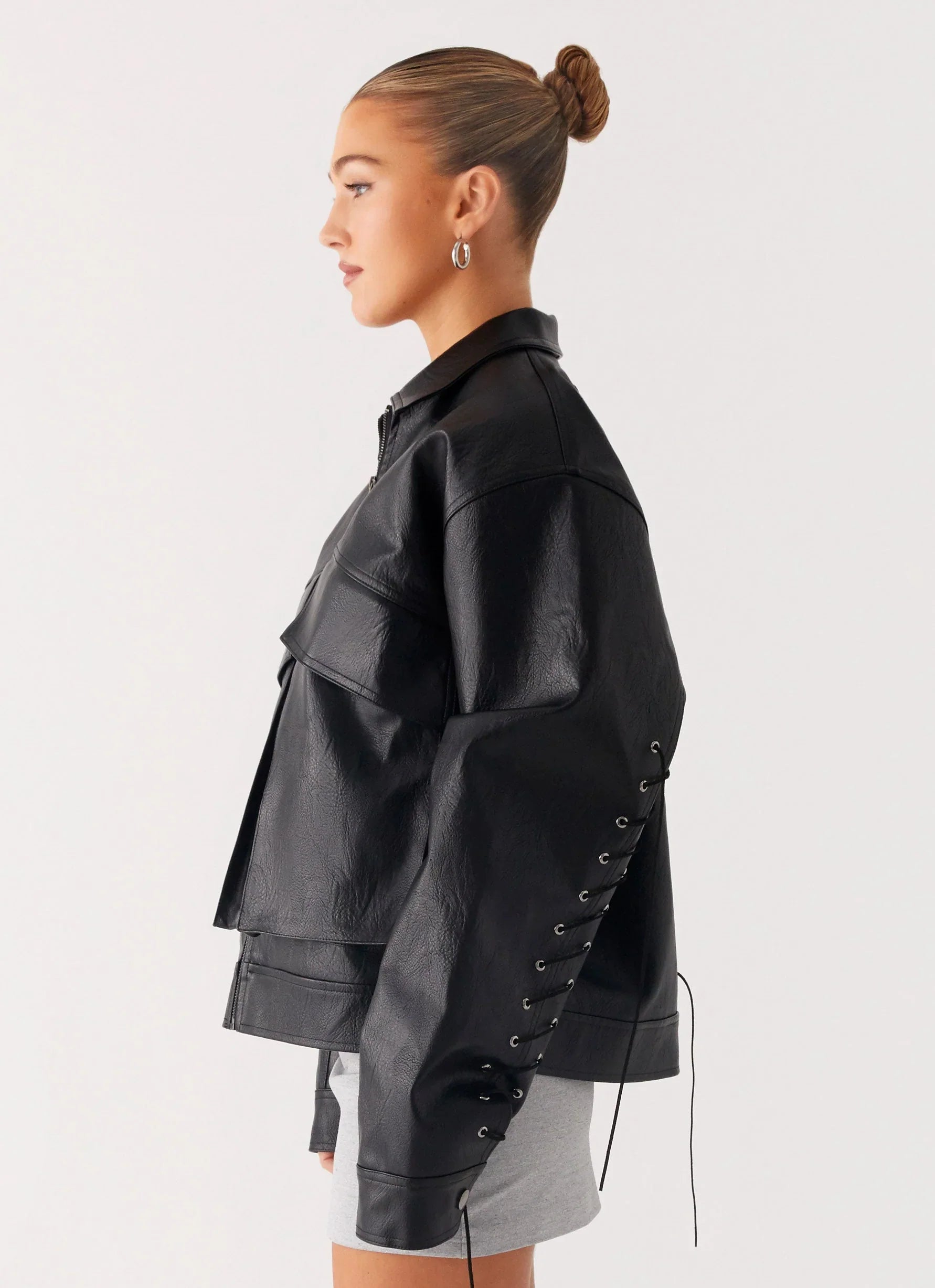 Lula Tassle Faux Leather Bomber Jacket Black