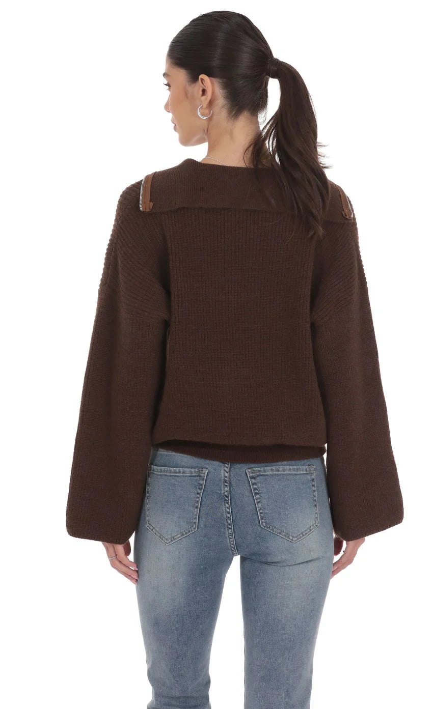 Knit Quarter Zip Jumper in Brown