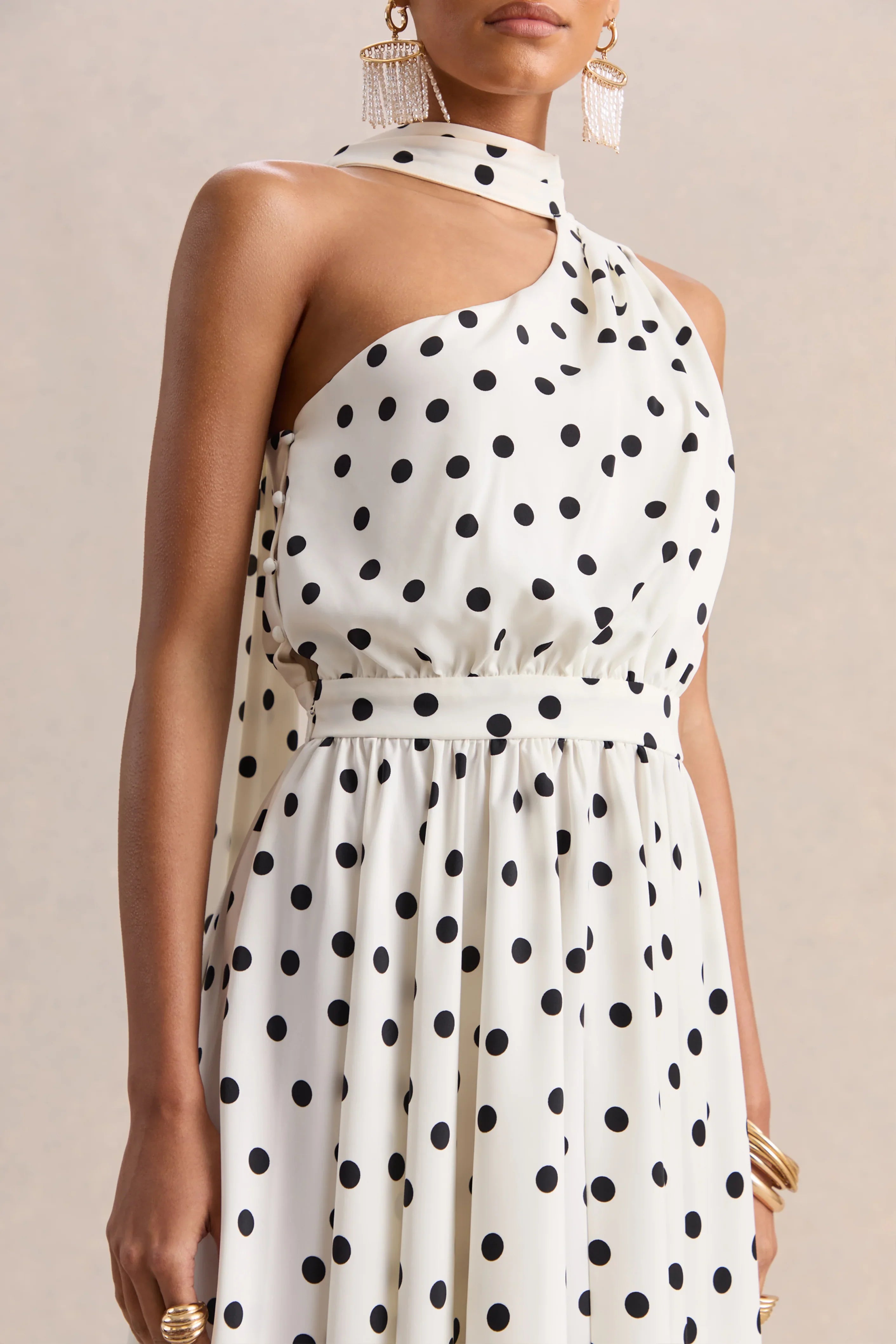 Caluna White And Black Polka Dot Satin Asymmetric Neck Midi Dress With Scarf Detail