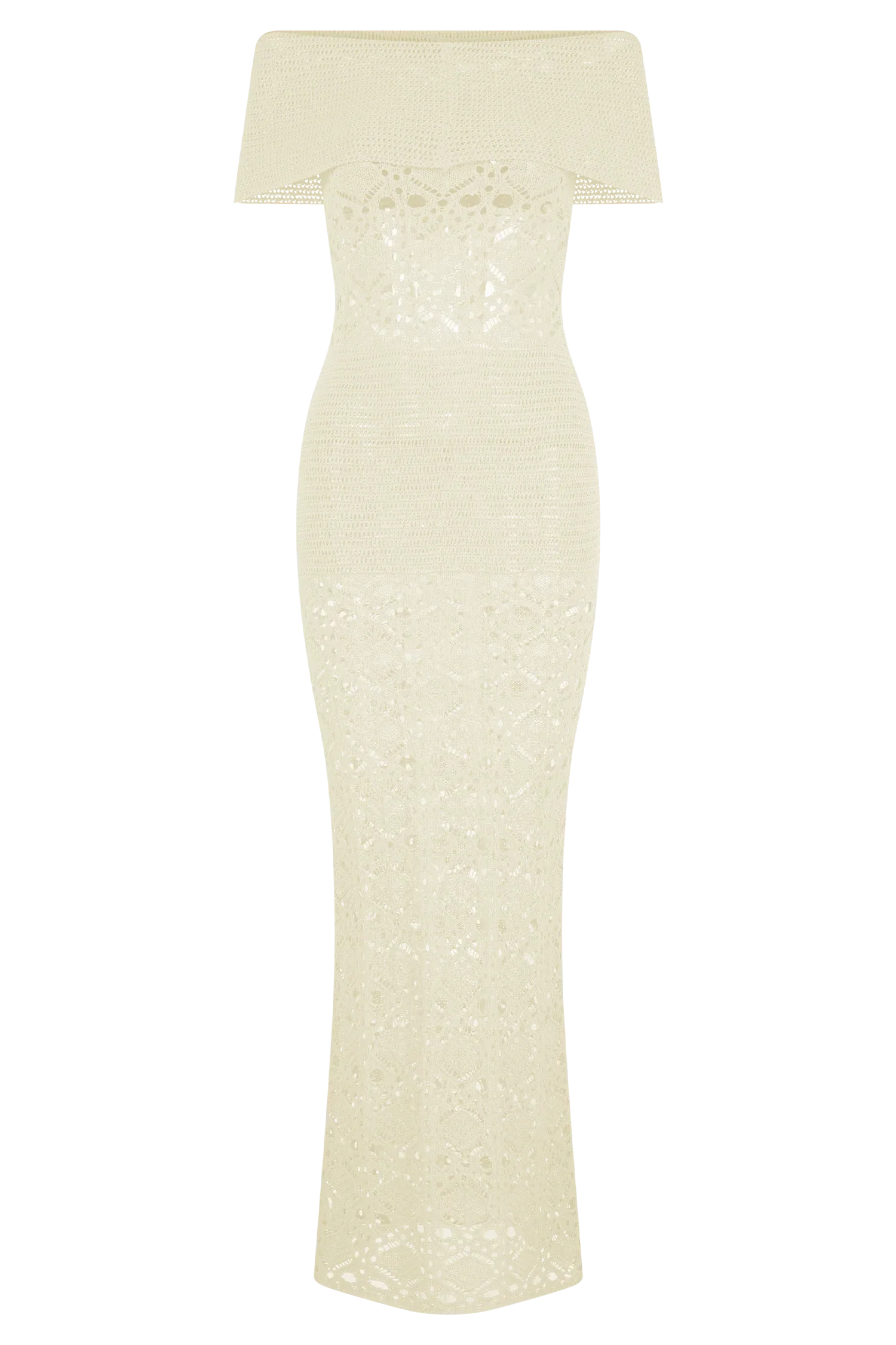 Solstice Off Shoulder Crochet Knit Maxi Dress Ivory