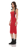 Mesh Black Shoulder Ties Midi Dress in Red