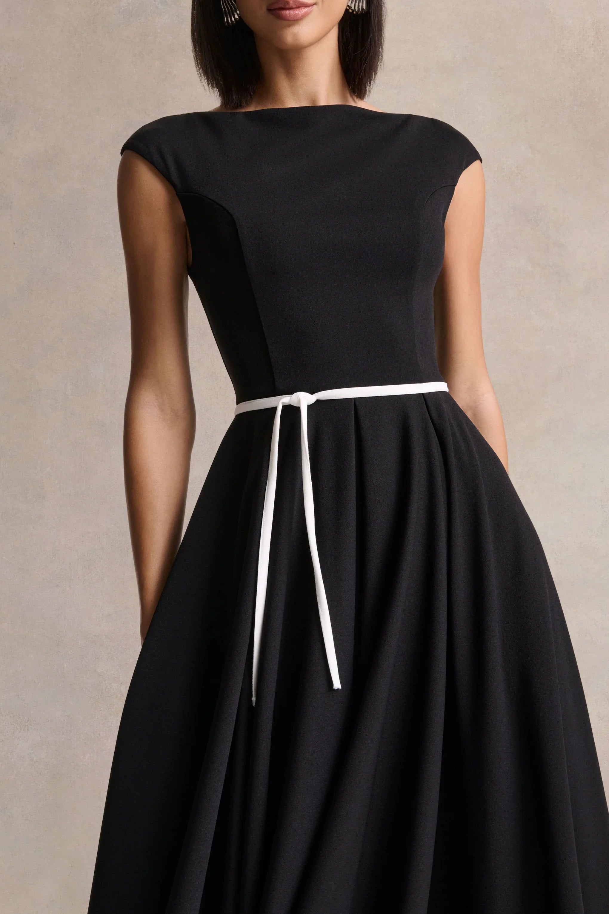 Nataline Black Round Neck Midi Dress With White Belt Detail