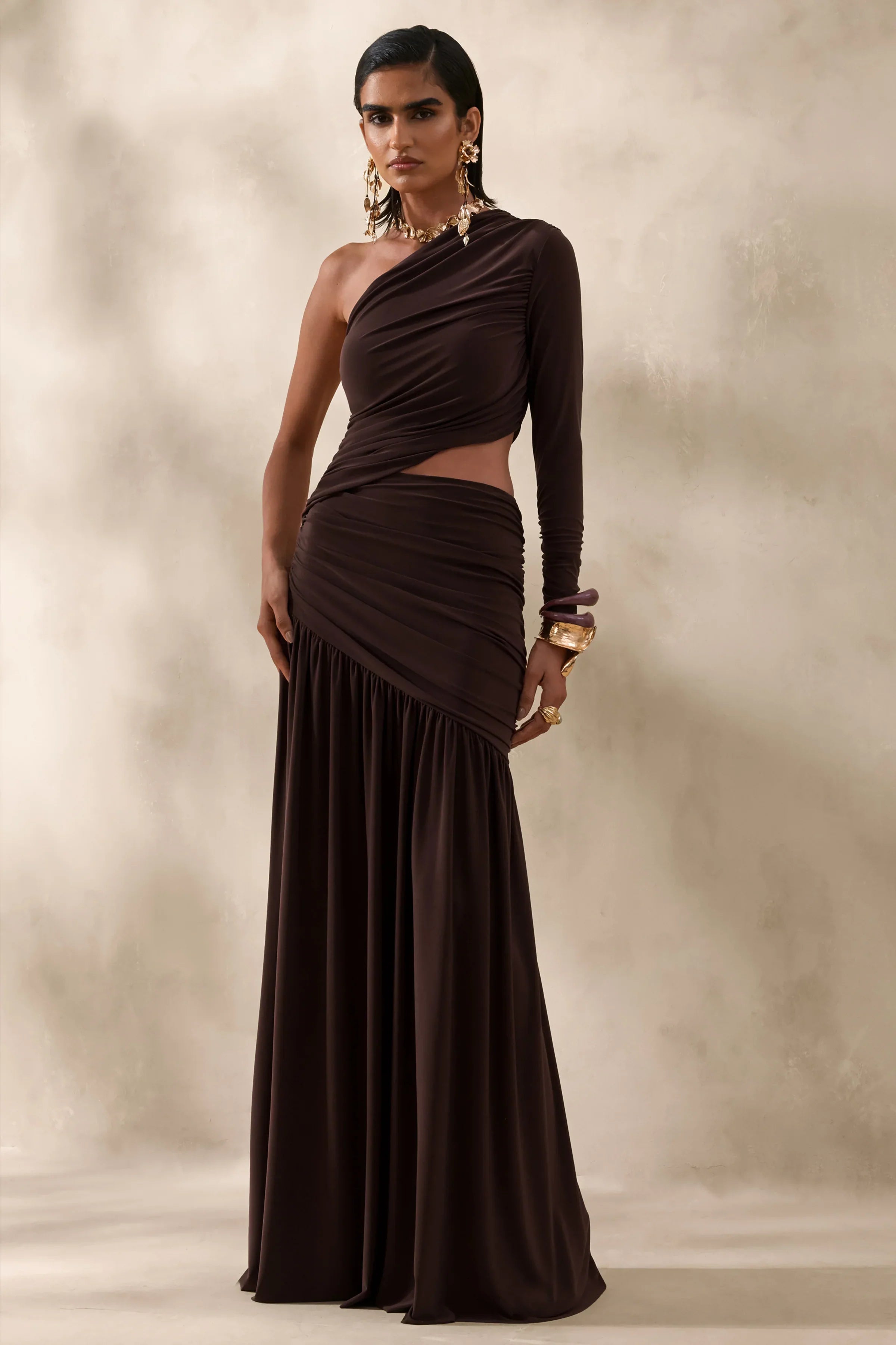Kinsley Brown Asymmetric Neck Maxi Dress With Body Cut Out Detail