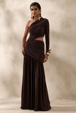 Kinsley Brown Asymmetric Neck Maxi Dress With Body Cut Out Detail