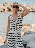 Navy And Cream Wave Crochet Tie Side Top