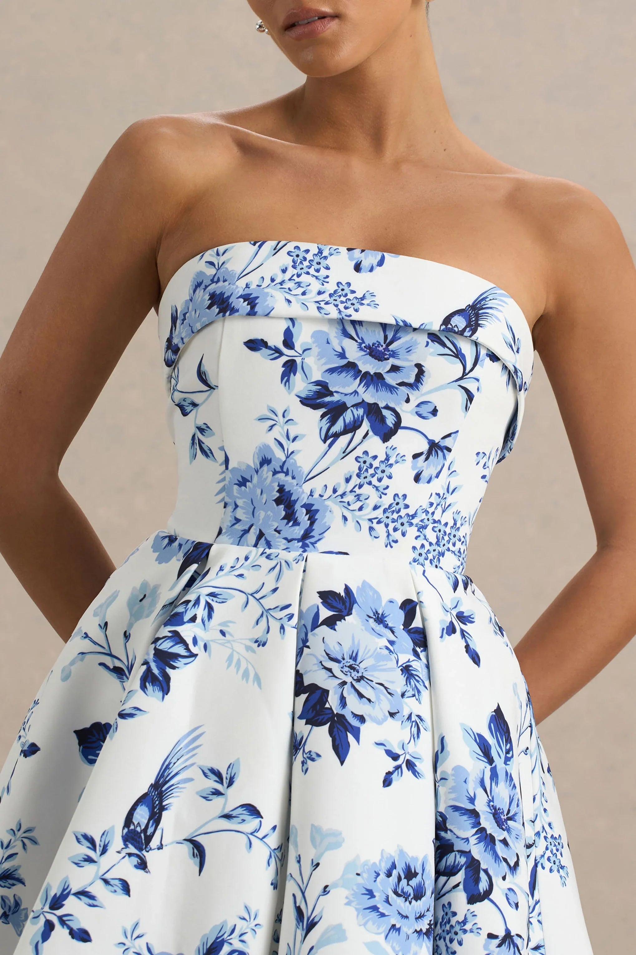 Fiorenza Blue Porcelain Print Bandeau Mini Dress With Volume Skirt
