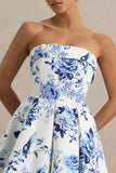 Fiorenza Blue Porcelain Print Bandeau Mini Dress With Volume Skirt