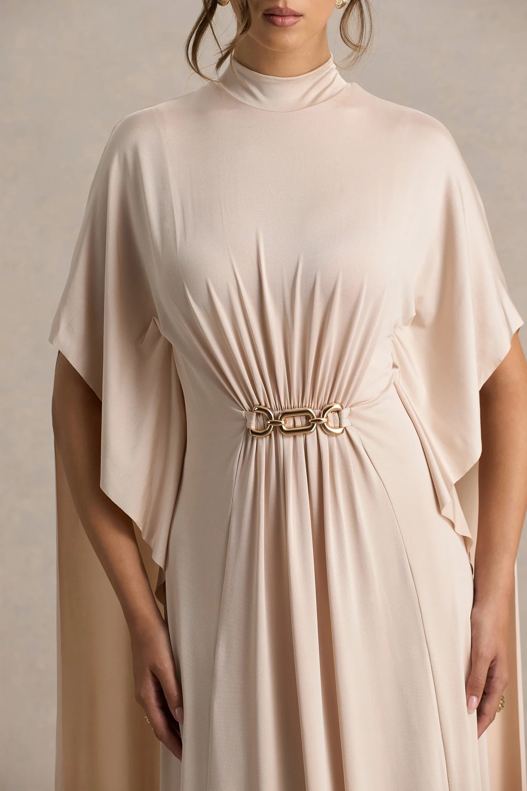 Olessia Champagne Belted Gathered Cape Sleeve Maxi Dress