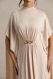 Olessia Champagne Belted Gathered Cape Sleeve Maxi Dress