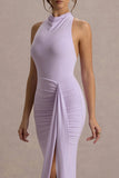 Sunflower Lilac Ruched High Neck Split Maxi Dress