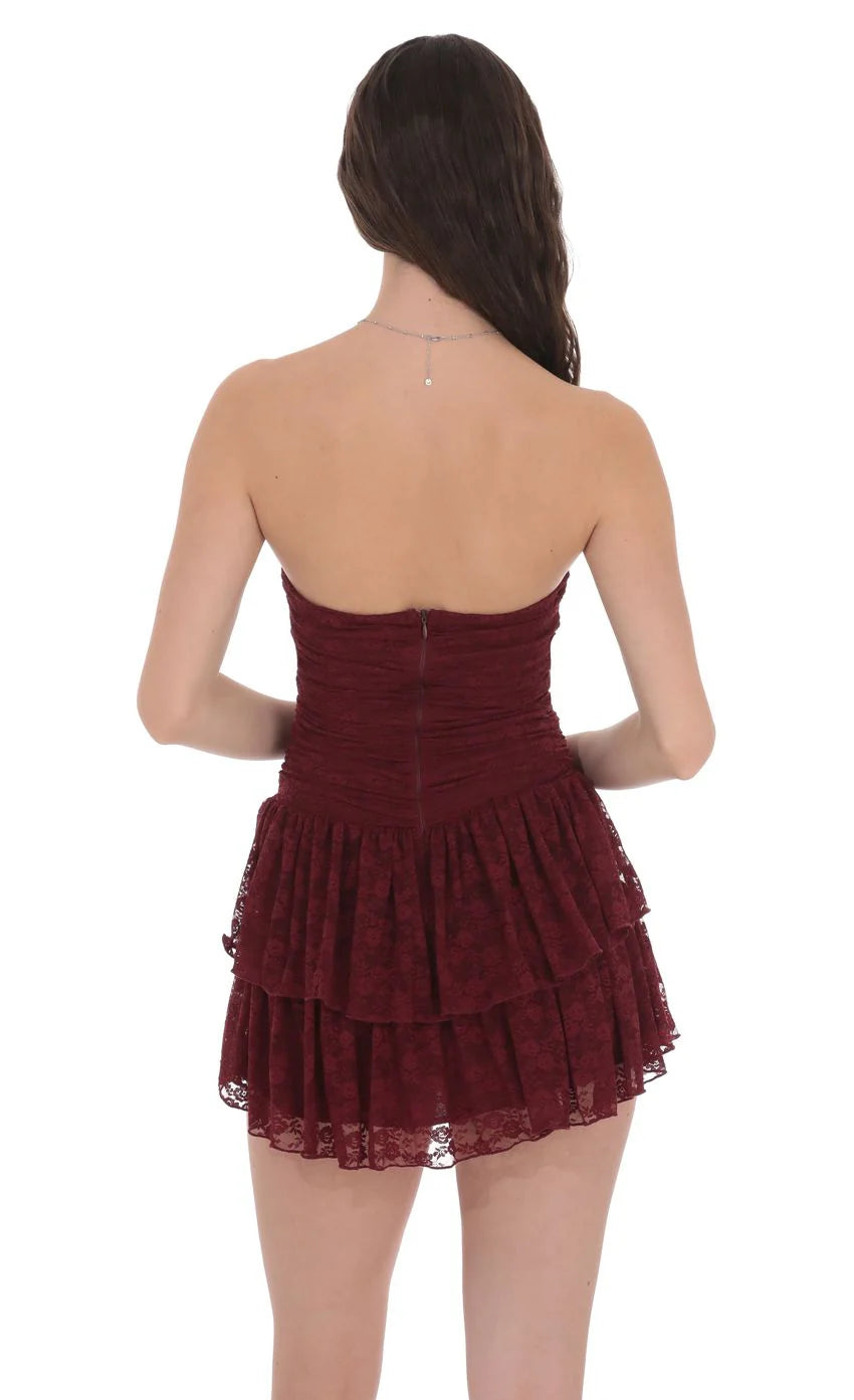 Lace Strapless Ruched Ruffle Dress in Burgundy