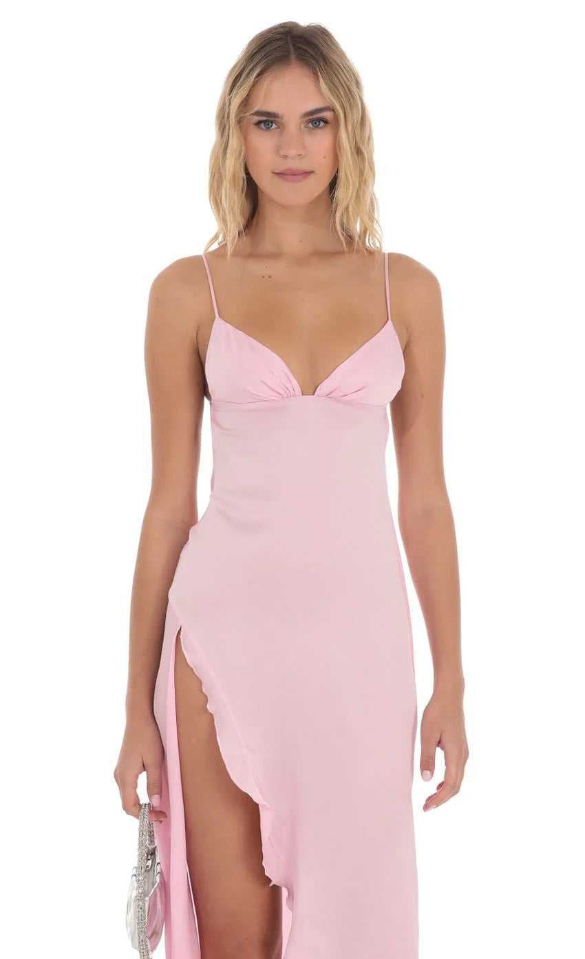 Satin Midi Dress in Pink
