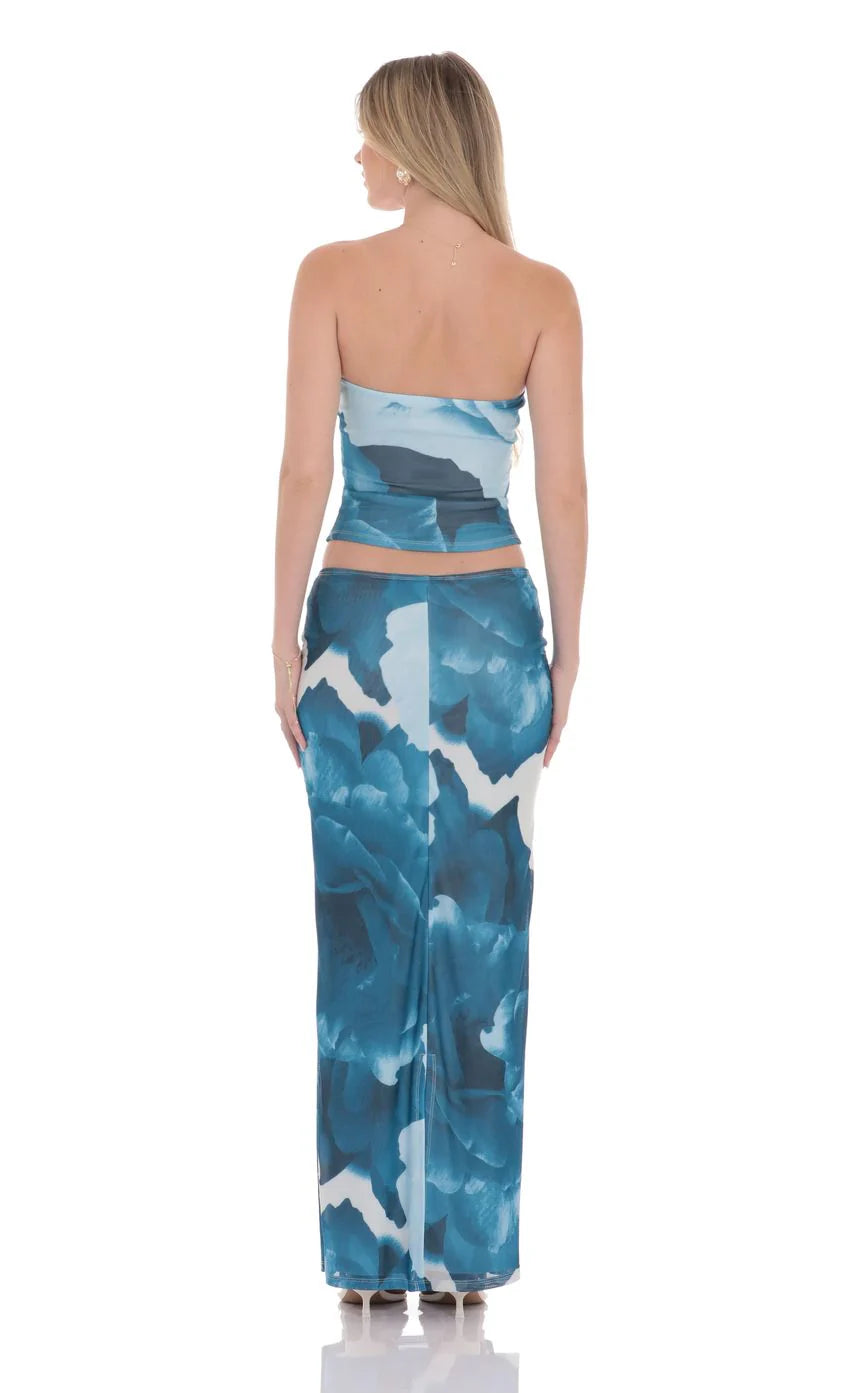 Strapless Floral Mesh Two Piece Set in Blue