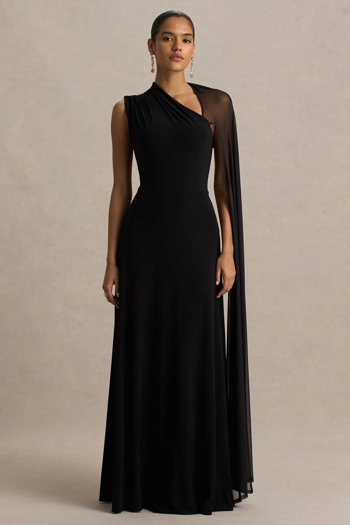 Selena Black High Neck Maxi Dress With Cut Out And Cape Sleeve Detail