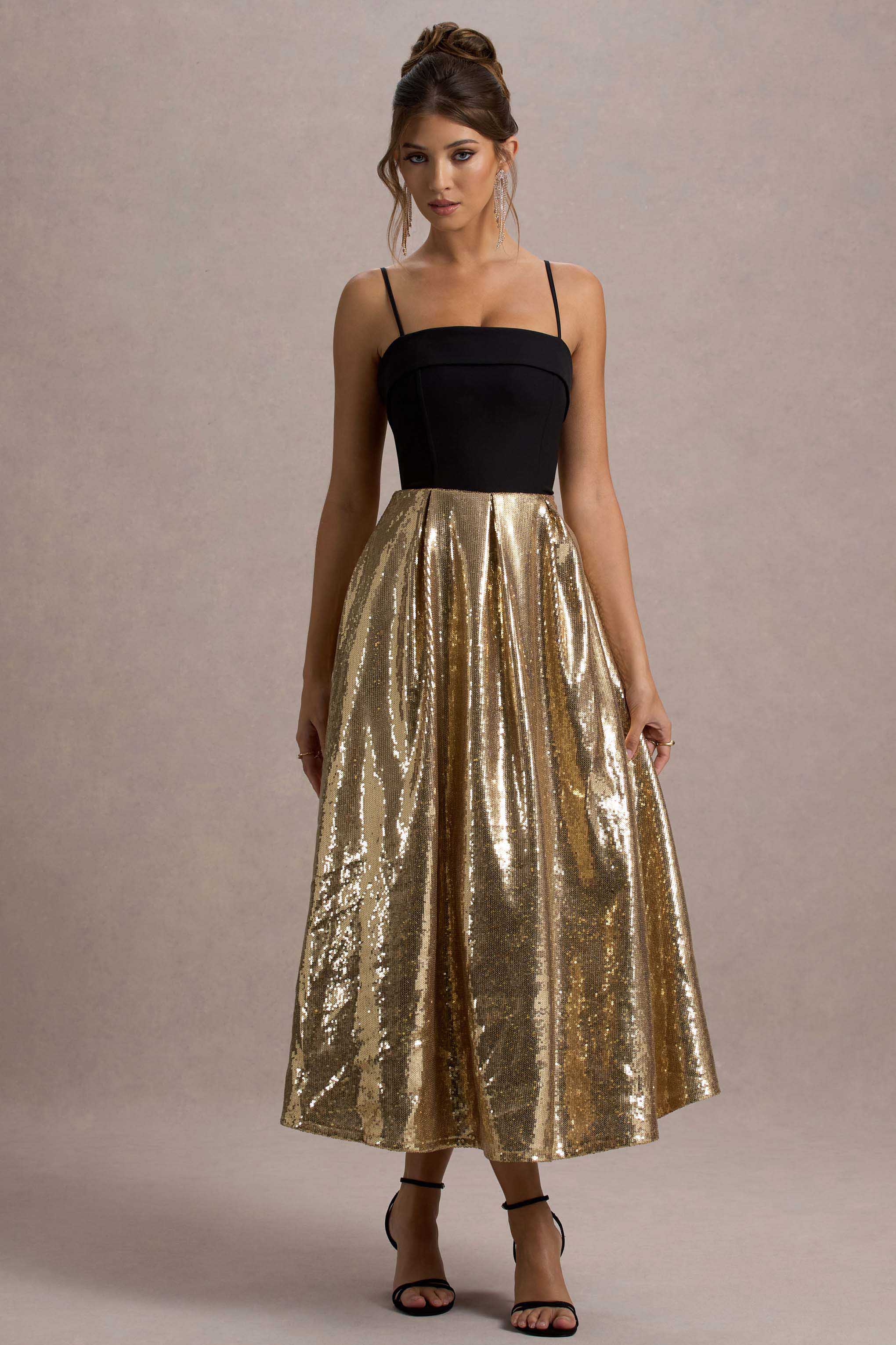 Nicci Black Gold Strappy Midi Dress With Sequin Skirt