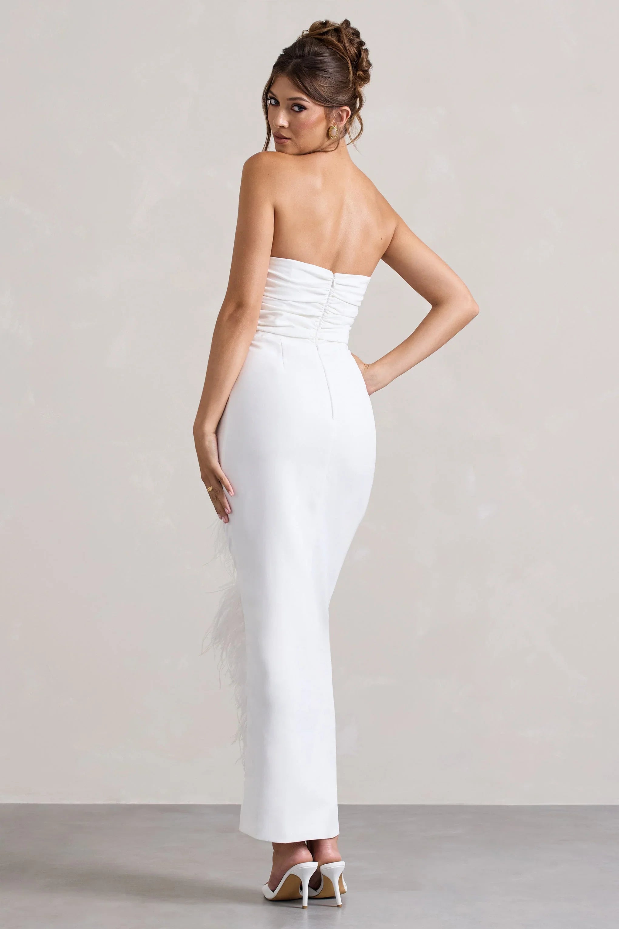 Chosen White Bandeau Wrap Maxi Dress With Feather Trim