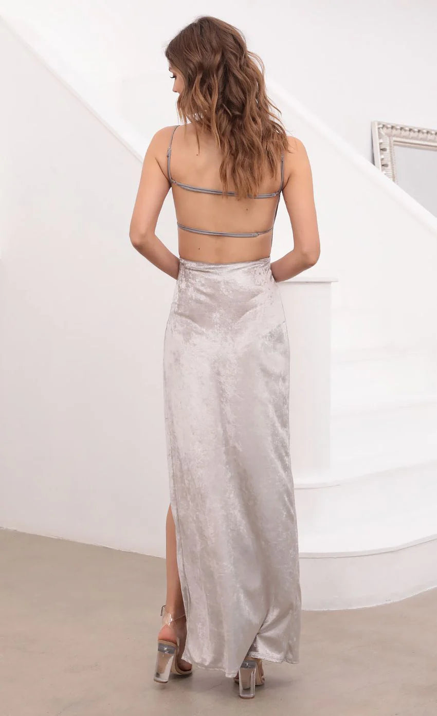 Crushed Velvet Maxi Dress in Pearl Grey