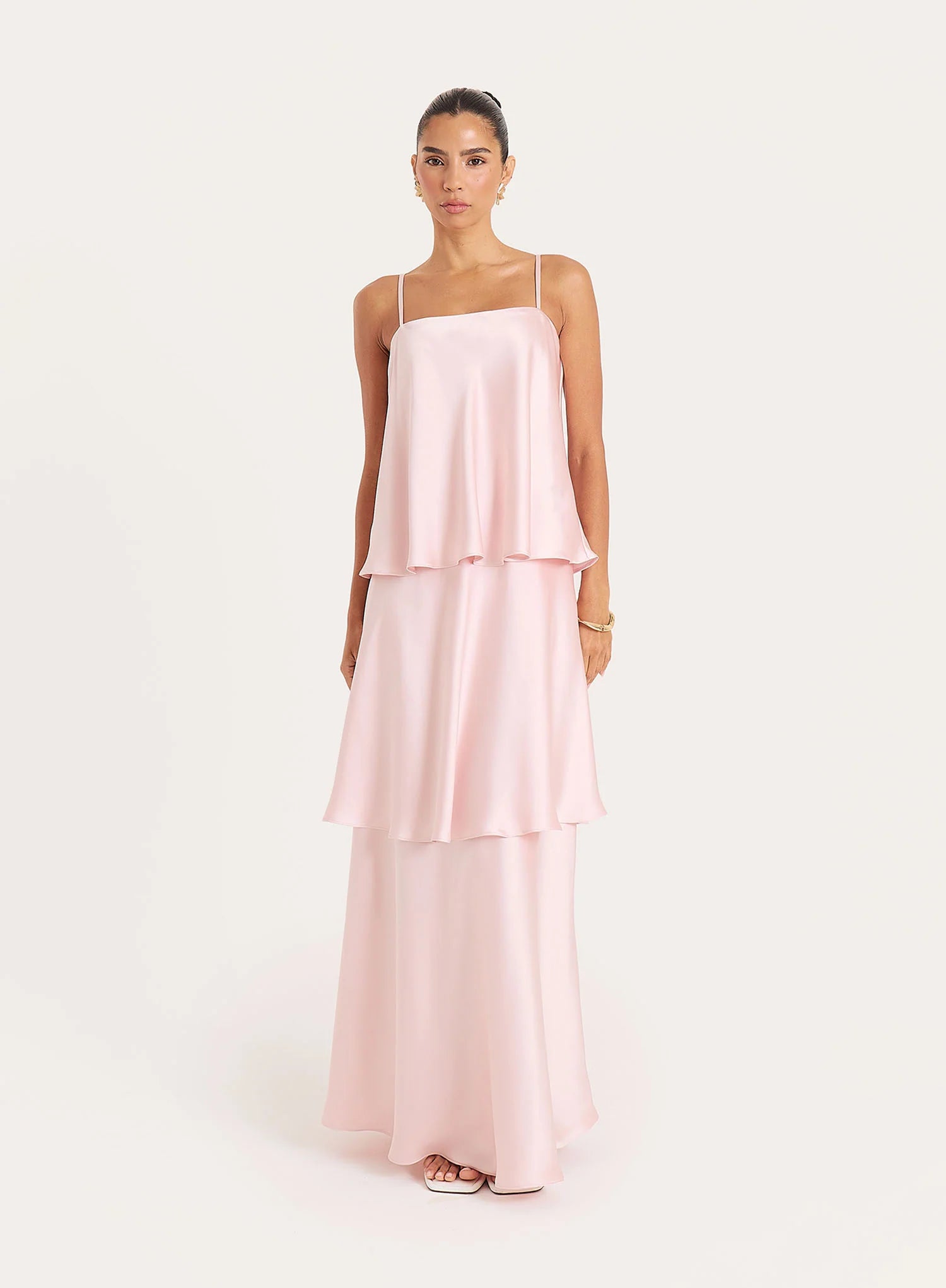 Pale Pink Satin Tiered Maxi Dress