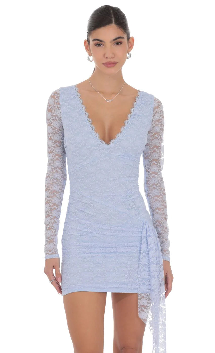 Lace Long Sleeve Tassel Dress in Light Blue