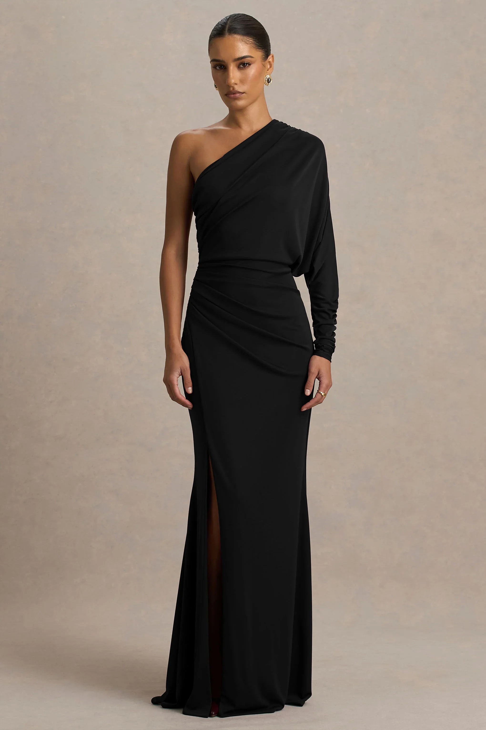 Lola Black Asymmetric Neck Maxi Dress With Ruched Detailing And Front High Split