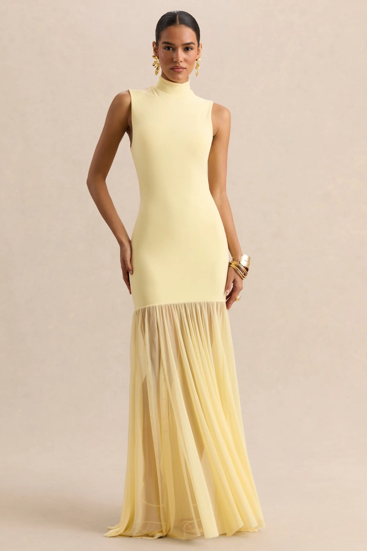 Felina Lemon High Neck Maxi Dress With Sheer Skirt