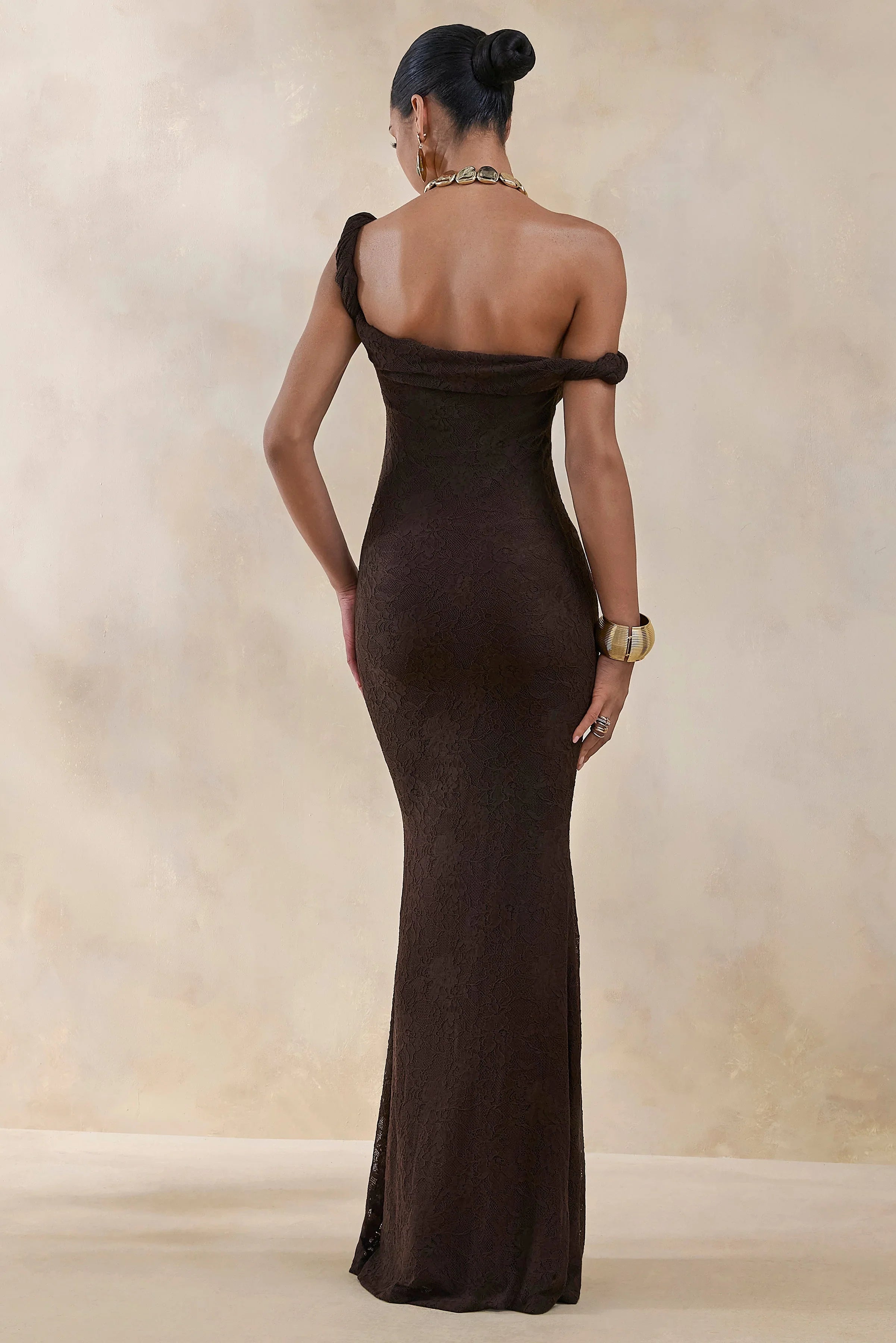 Afina Brown Lace Asymmetric Neck Maxi Dress