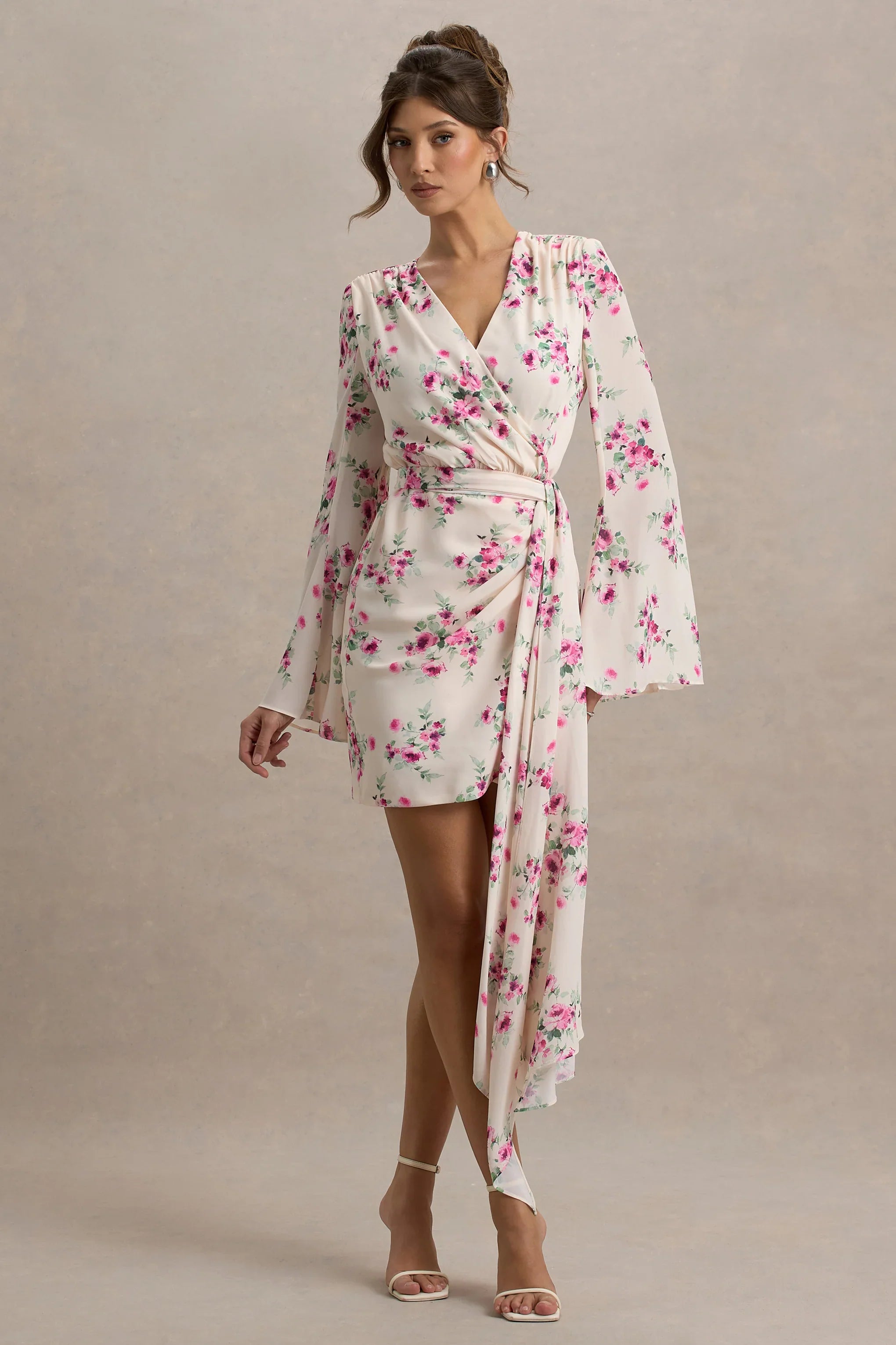 Goldie Cream Floral Print Chiffon Long Sleeve Wrap Mini Dress