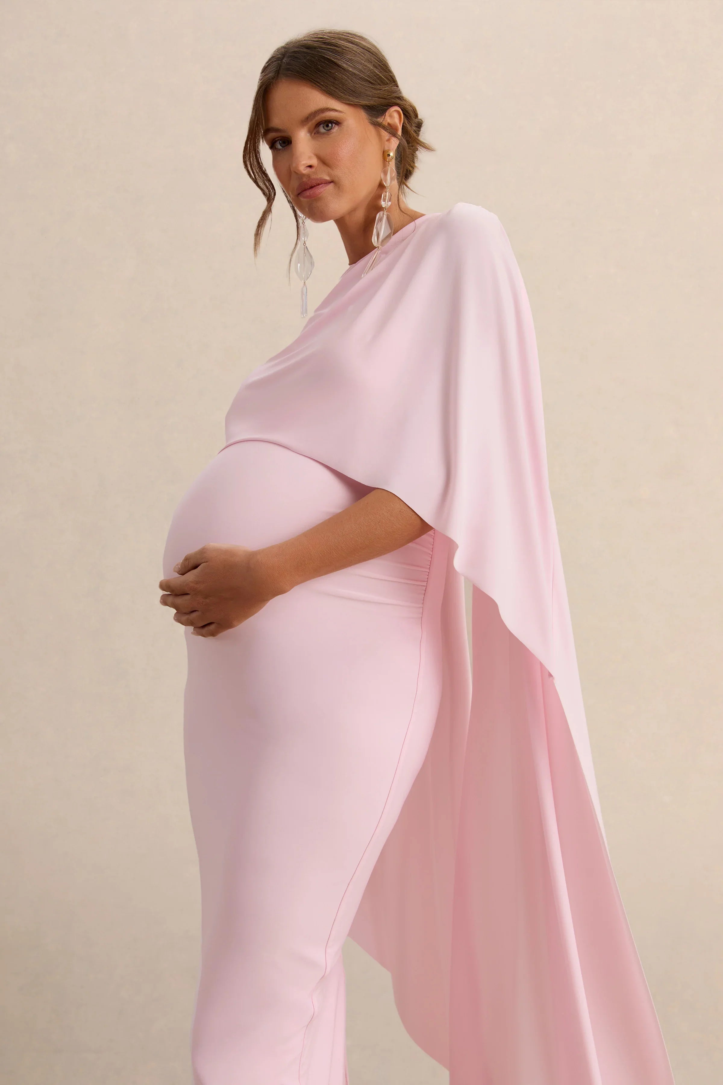 Arwen Light Pink Round Neck Maternity Midi Dress With Cape Detail