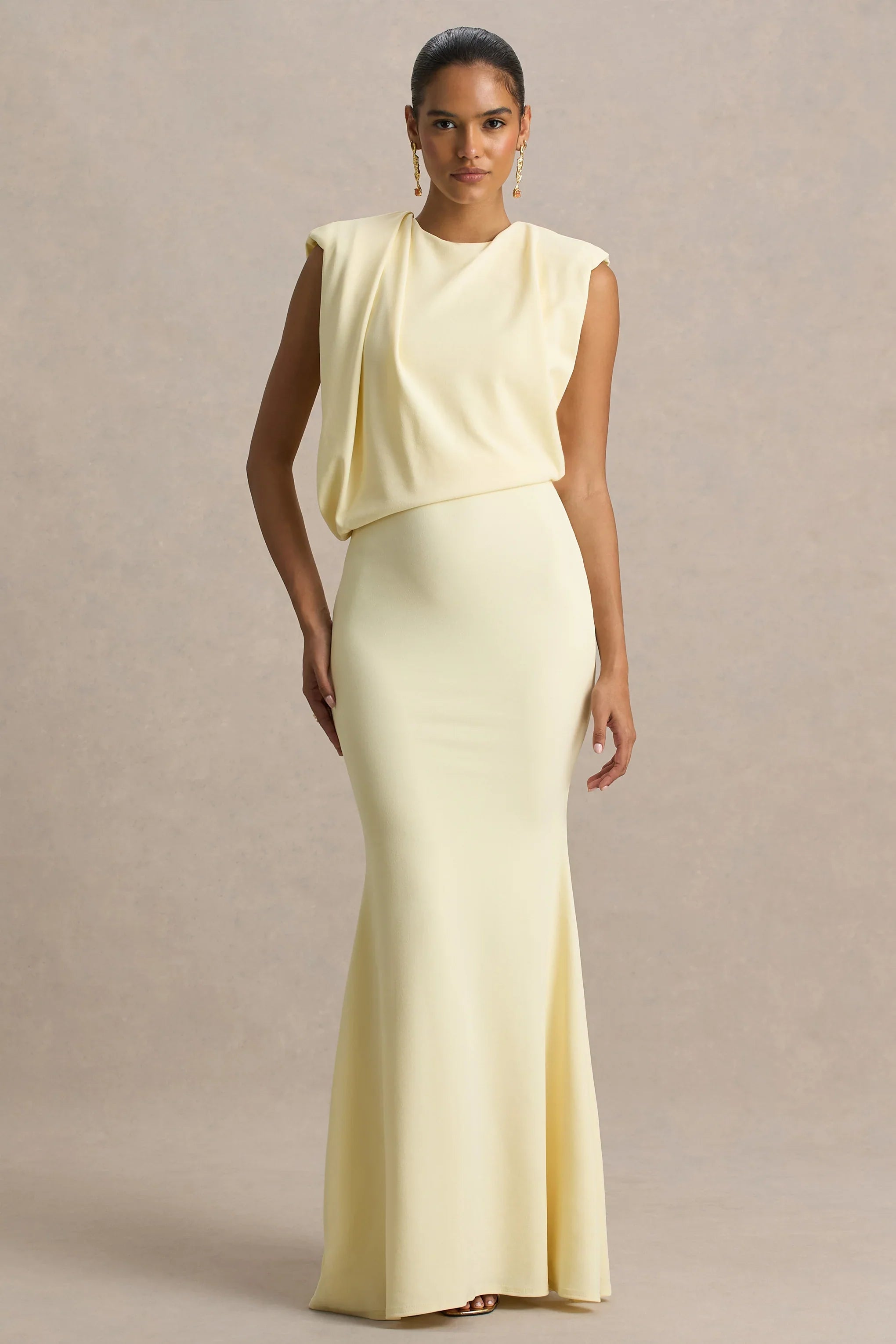 Meave Lemon Boat Neck Maxi Dress With Draped Detail