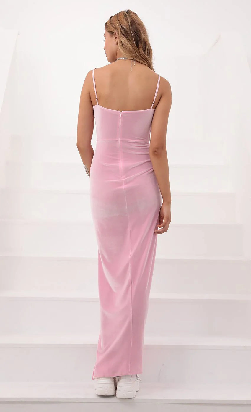Velvet V Neck Maxi Dress In Barbie Pink