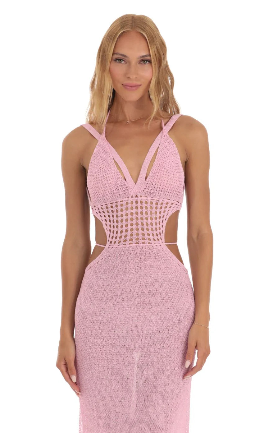 Ixora Crochet Cutout Midi Dress in Pink