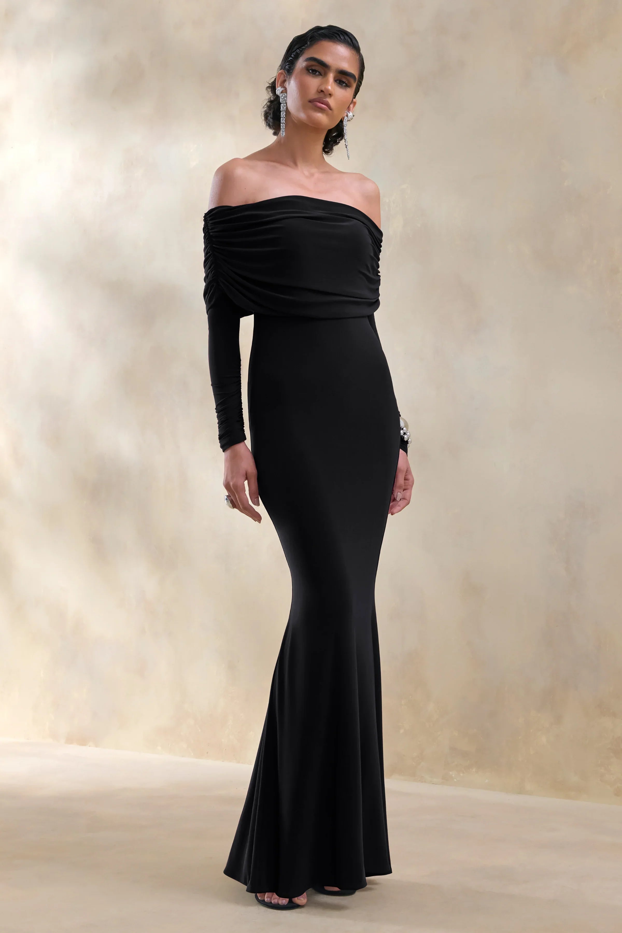 Brisea Black Bardot Neck Maxi Dress