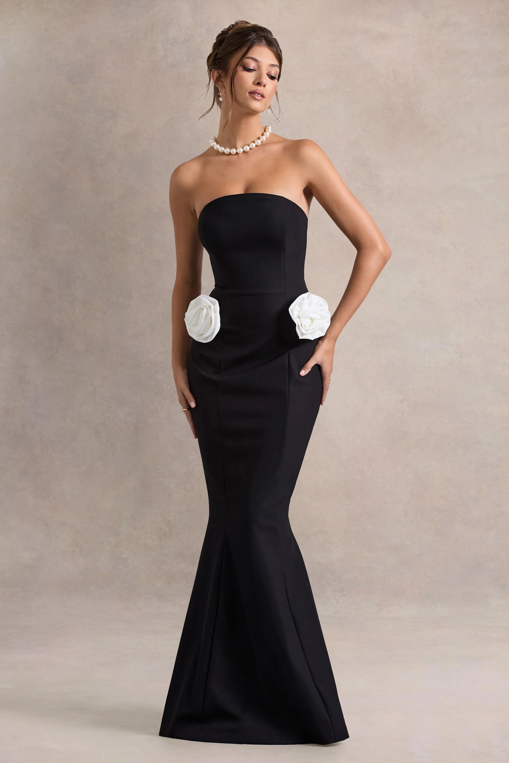 Best Of The Best Black Strapless Fishtail Maxi Dress With Corsages