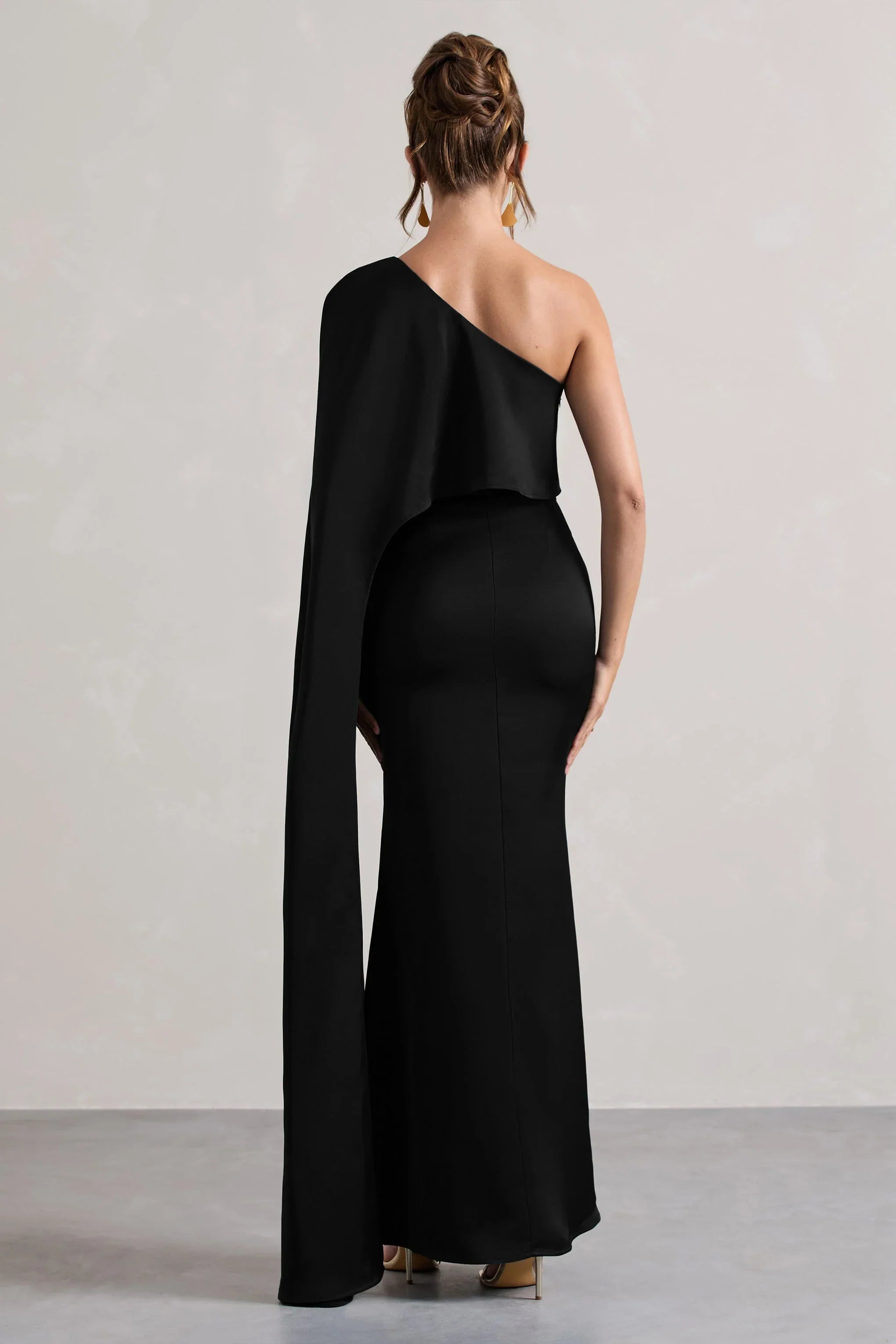 Amora Black Satin Asymmetric Cape Sleeve Split Maxi Dress