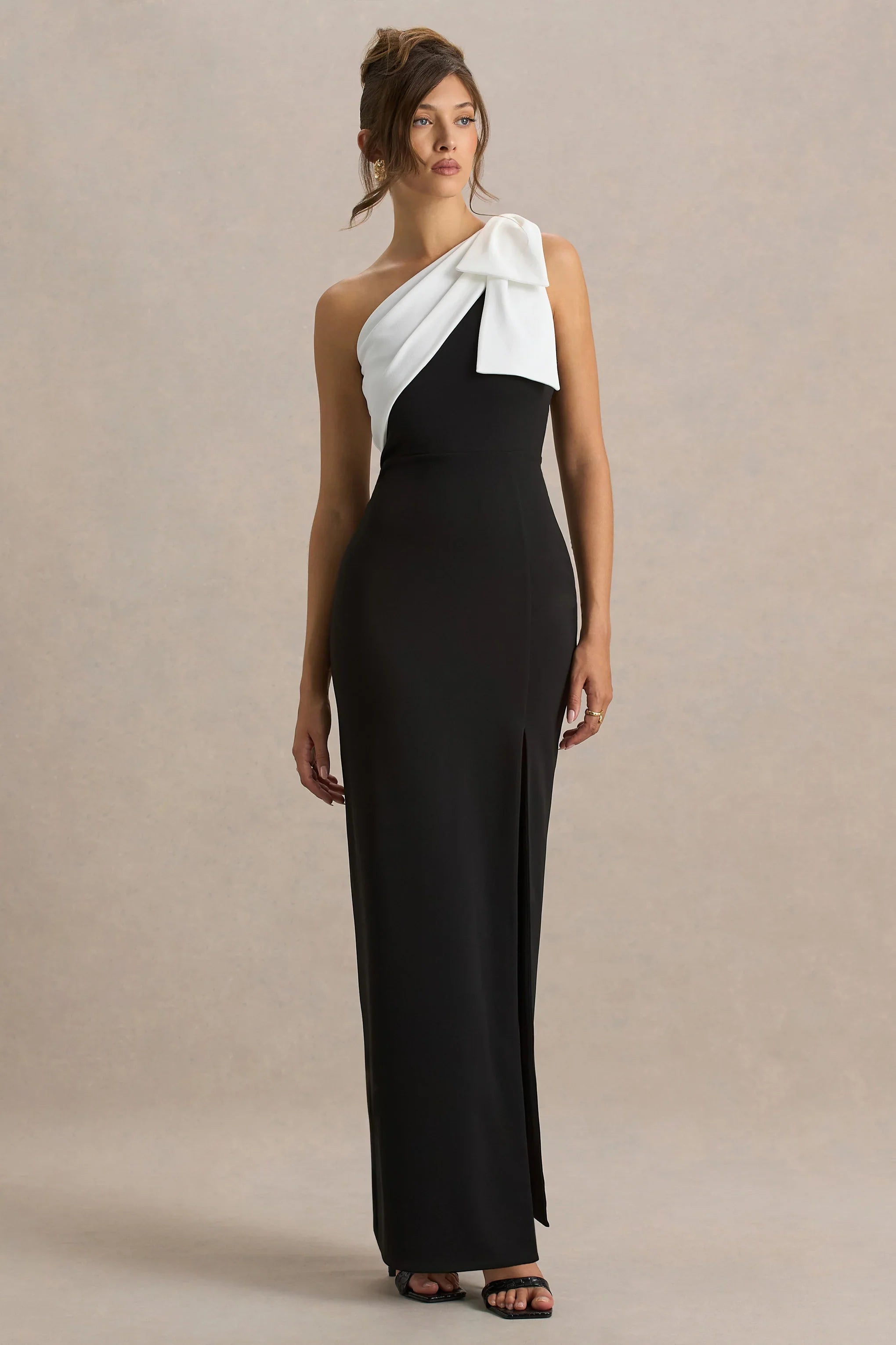 Kiri Black White One Shoulder Bow Maxi Dress