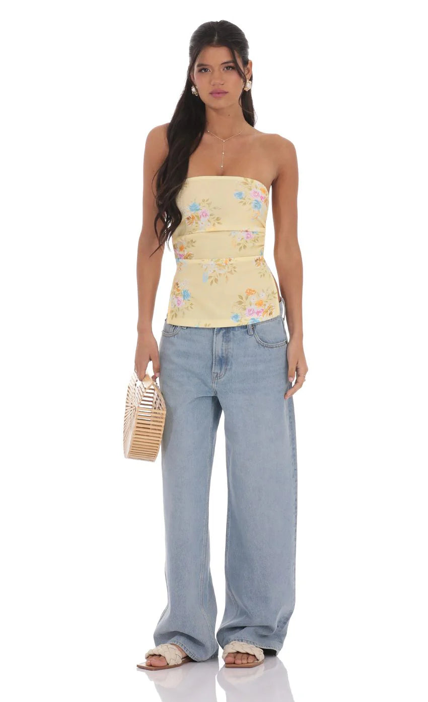 Floral Strapless Double Slit Top in Yellow