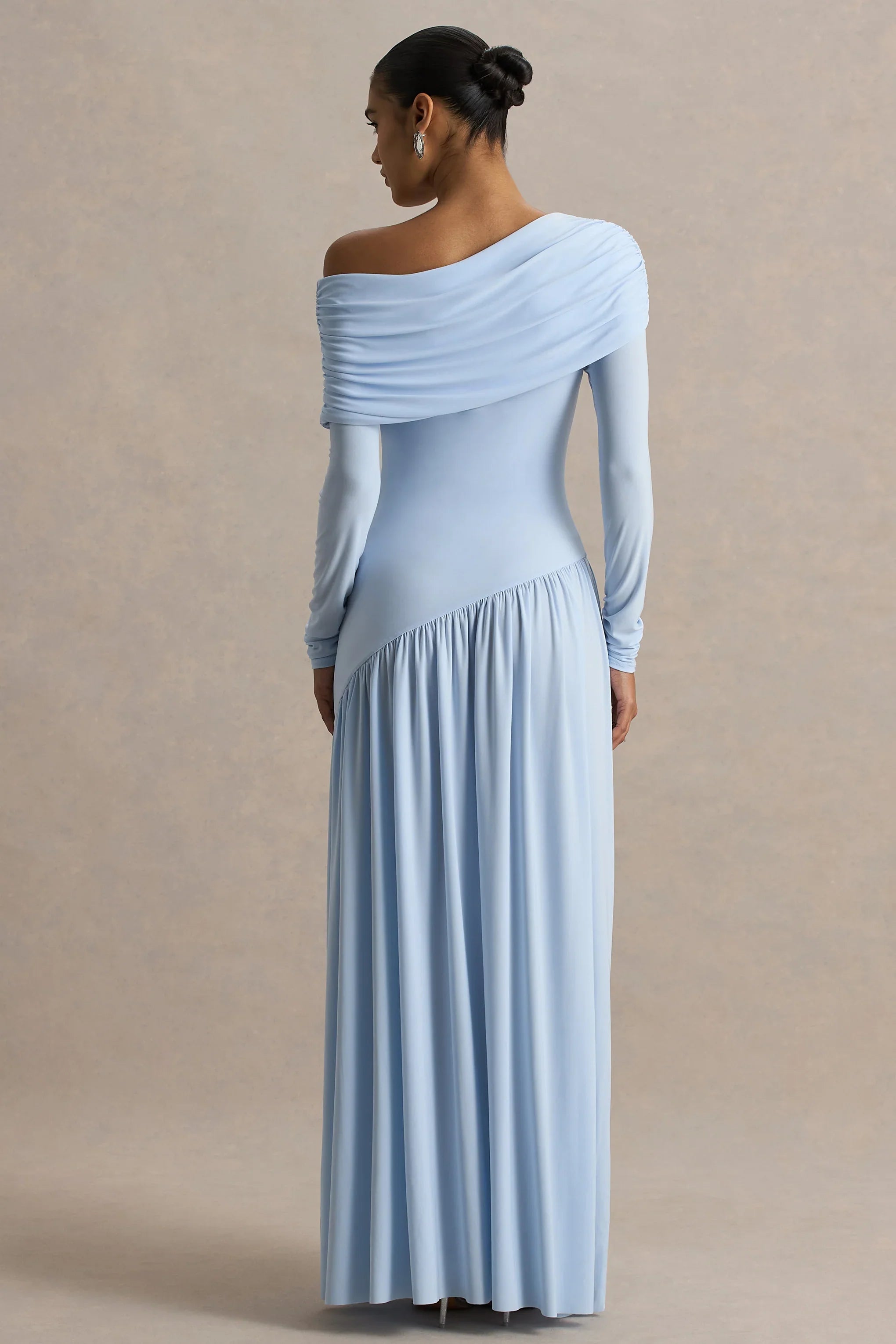 Farah Powder Blue Asymmetric Neck Maxi Dress With Drop Waist And Ruched Detailing