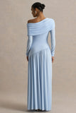 Farah Powder Blue Asymmetric Neck Maxi Dress With Drop Waist And Ruched Detailing