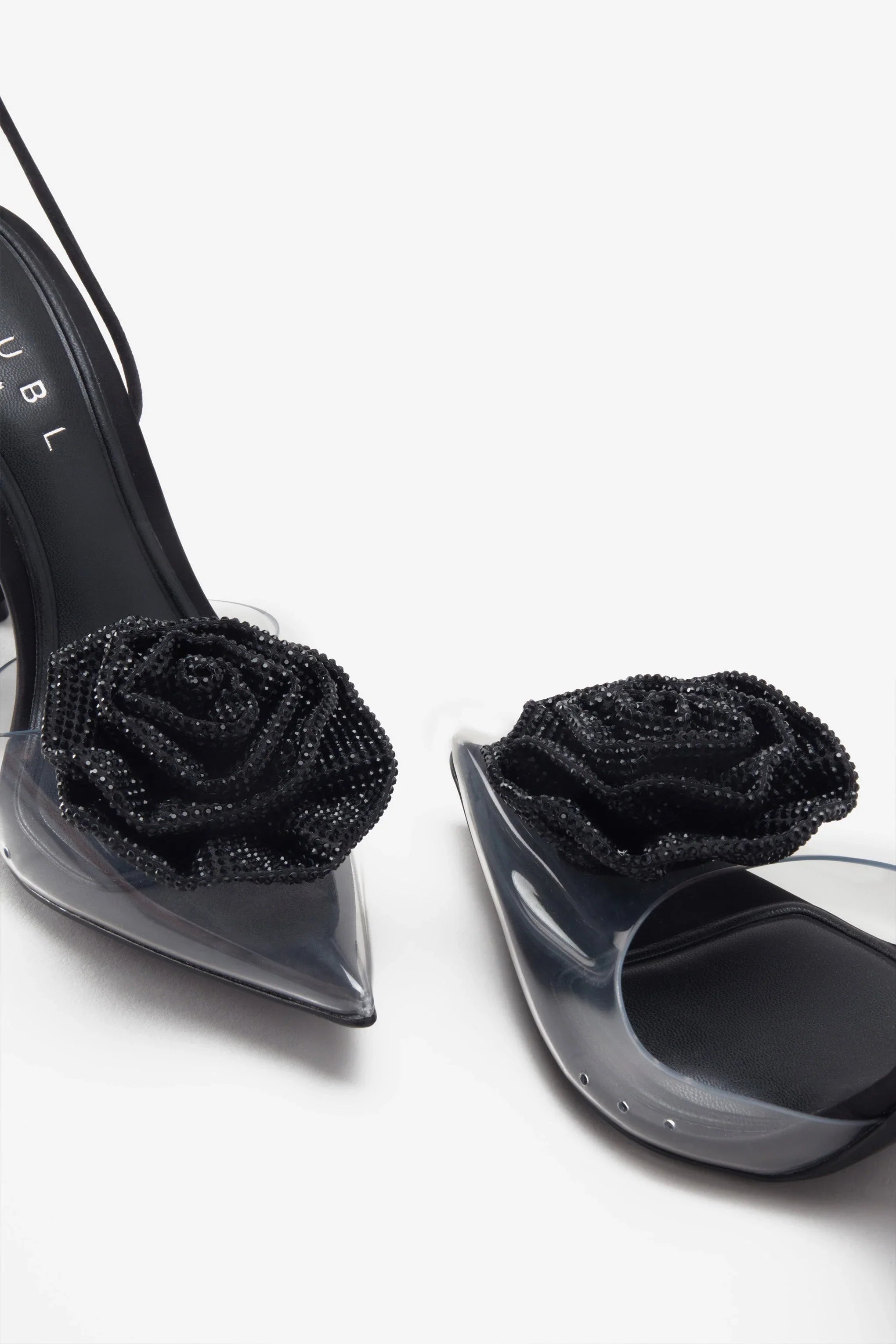 Sharpened Black Lace Up Clear Stiletto Heels With Diamante Flowers