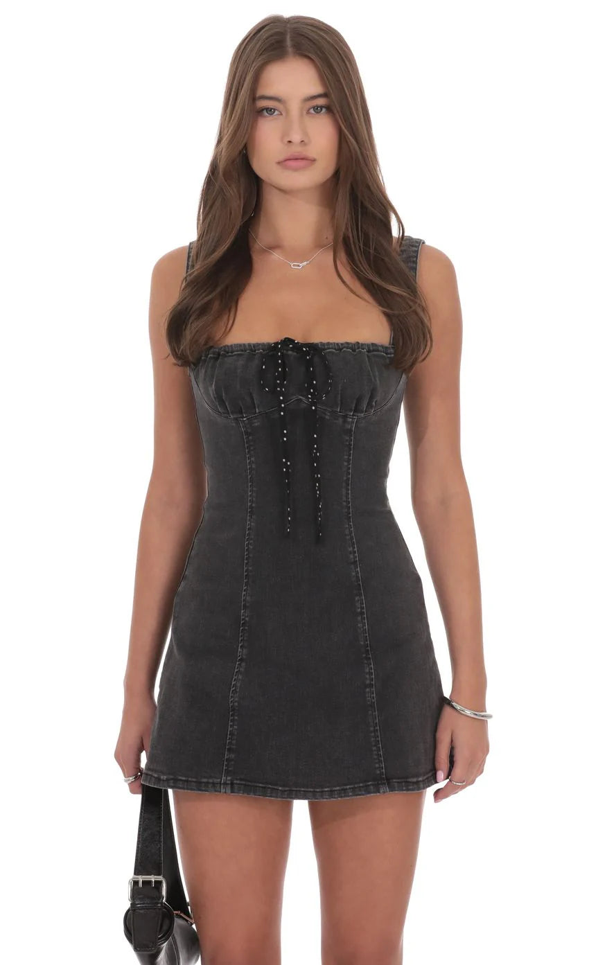 Denim Polka Dot Bow Dress in Washed Black