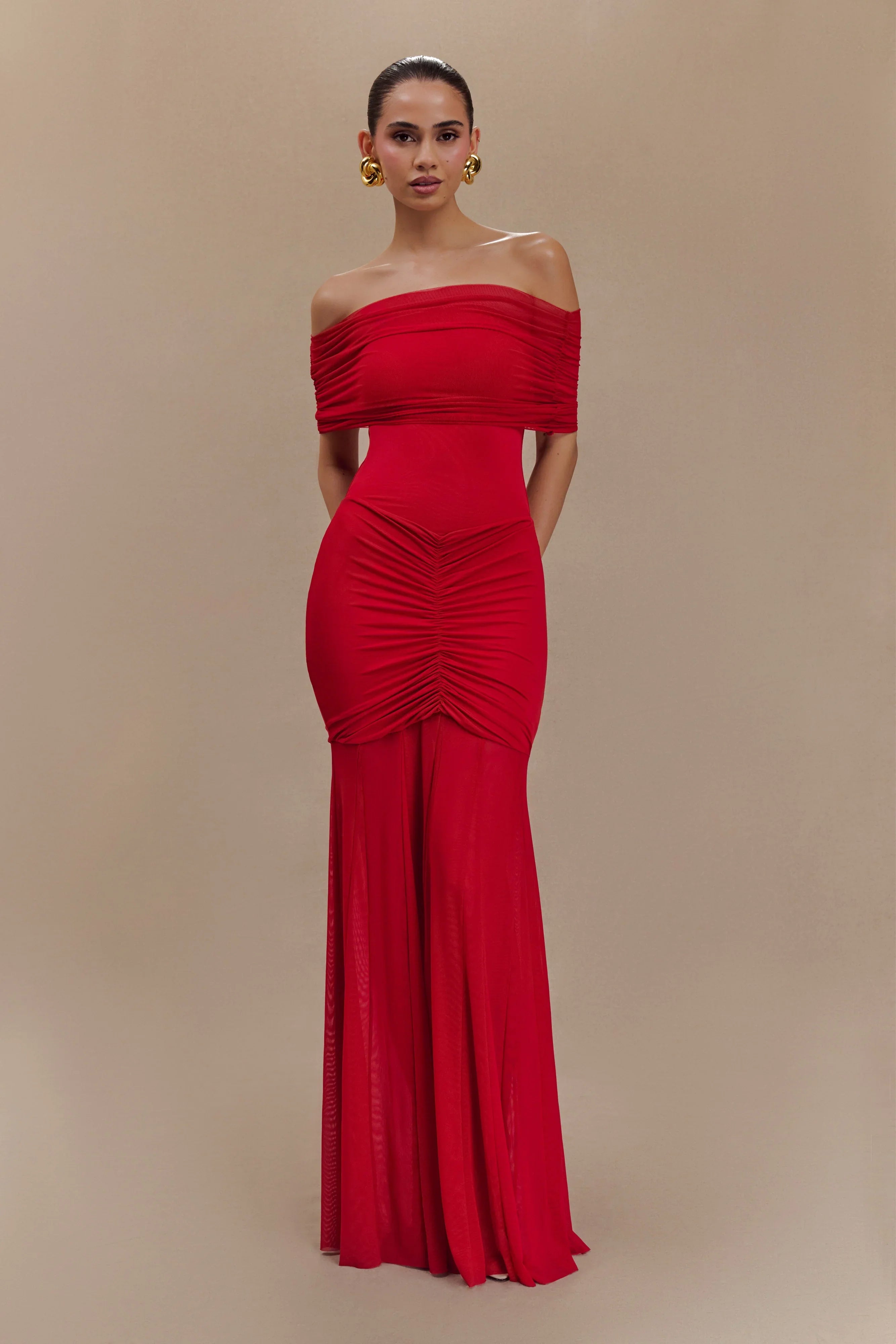 Caspian Slinky And Mesh Off Shoulder Maxi Dress Ruby