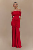 Caspian Slinky And Mesh Off Shoulder Maxi Dress Ruby