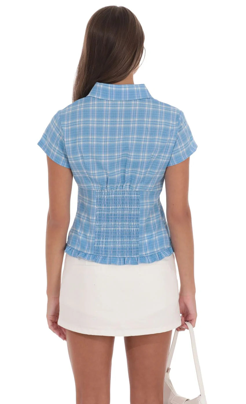 Plaid Button Up Ruffle Top in Blue