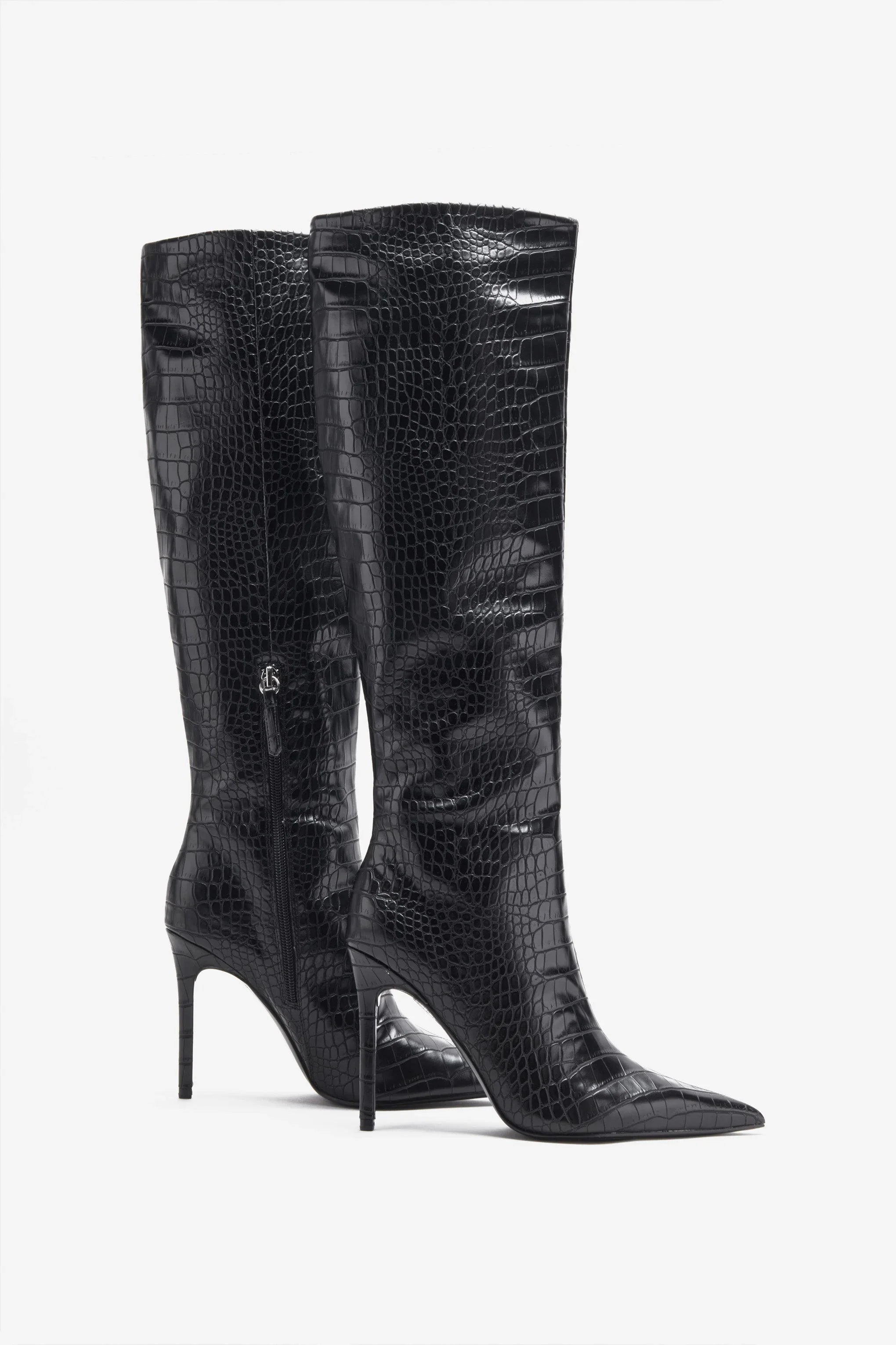 Uptown Black Croc Fitted Over Knee Pointed Heeled Boots