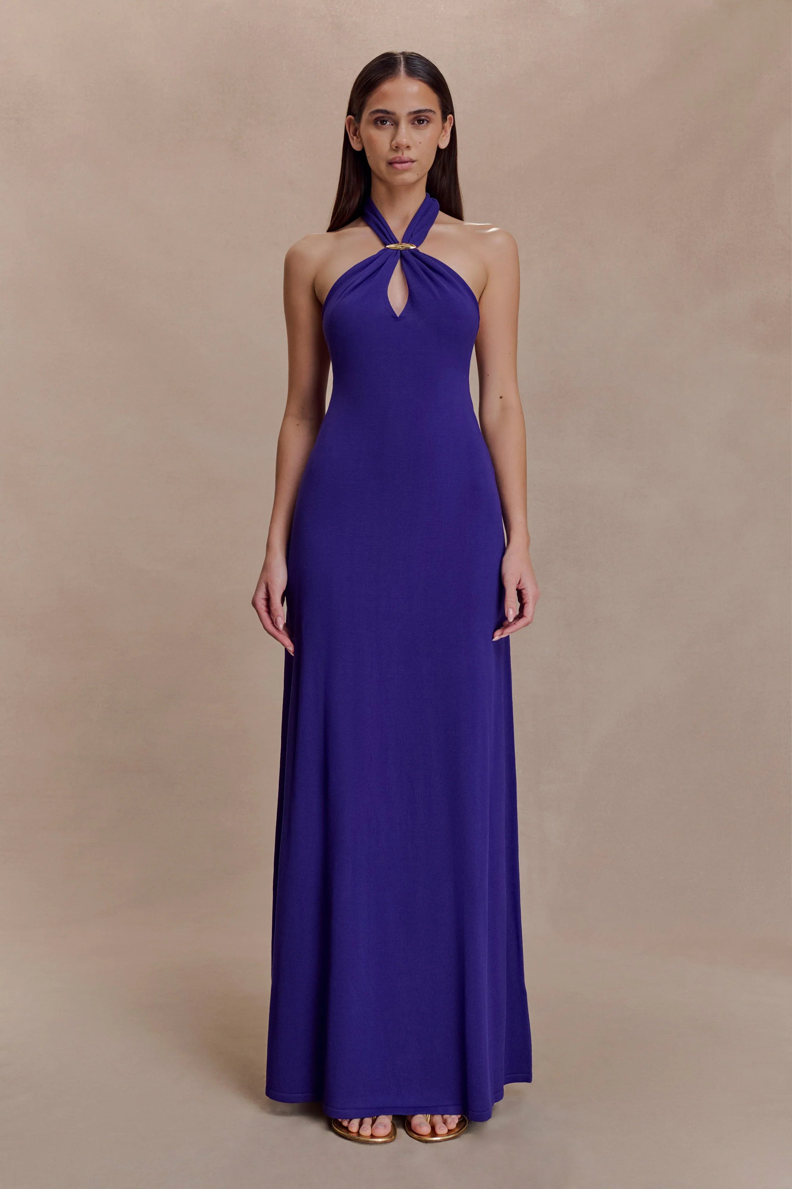 Ozias Halter Semi Sheer Knit Maxi Dress Deep Purple
