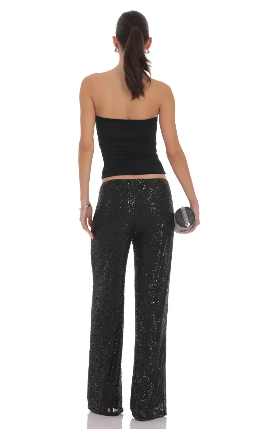 Straight Sequin Pants in Black
