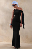 Vista Black Asymmetric Neck Maxi Dress With Knot Sleeve Detail