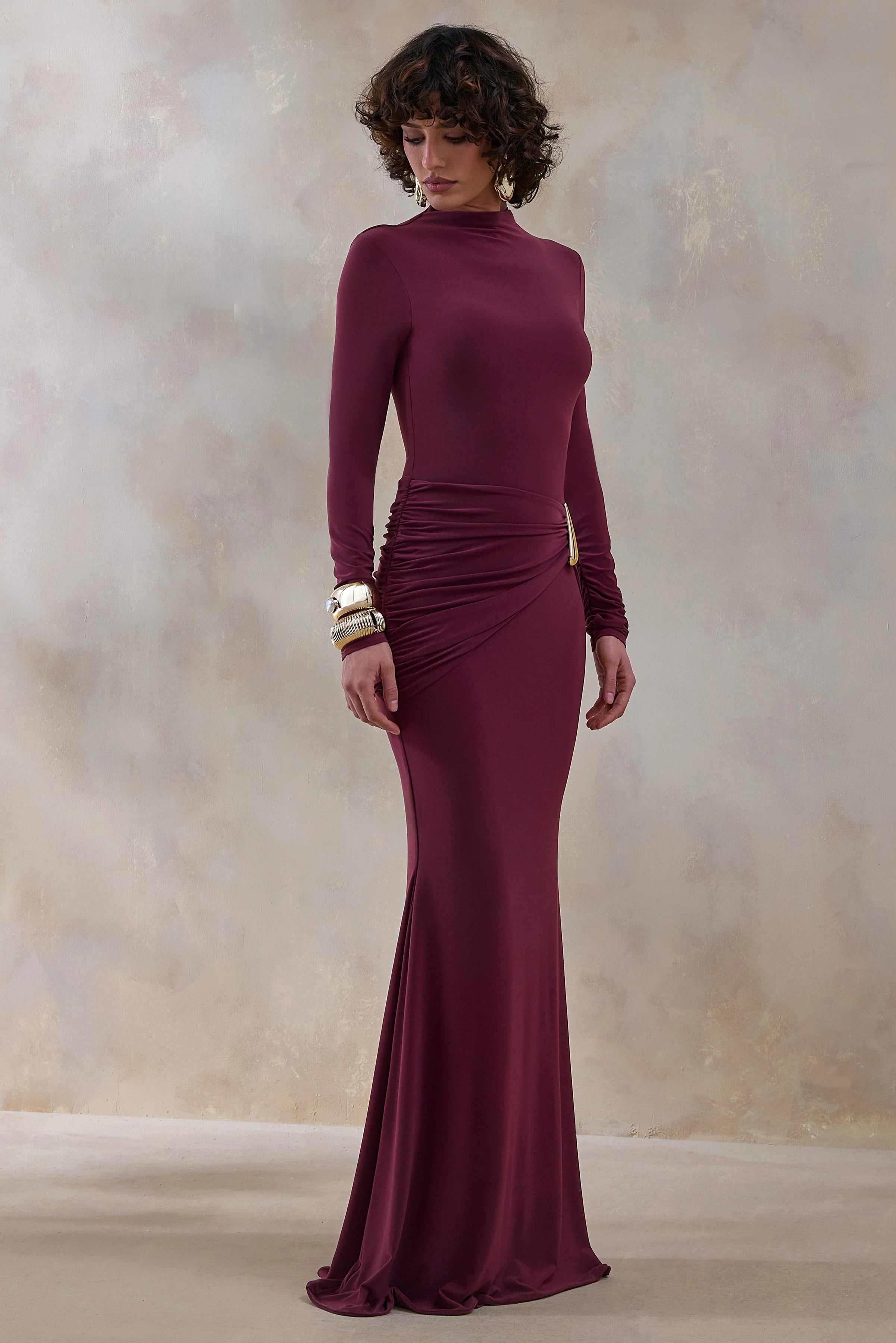 Solarium Burgundy Long Sleeve Maxi Dress With Gold Detail